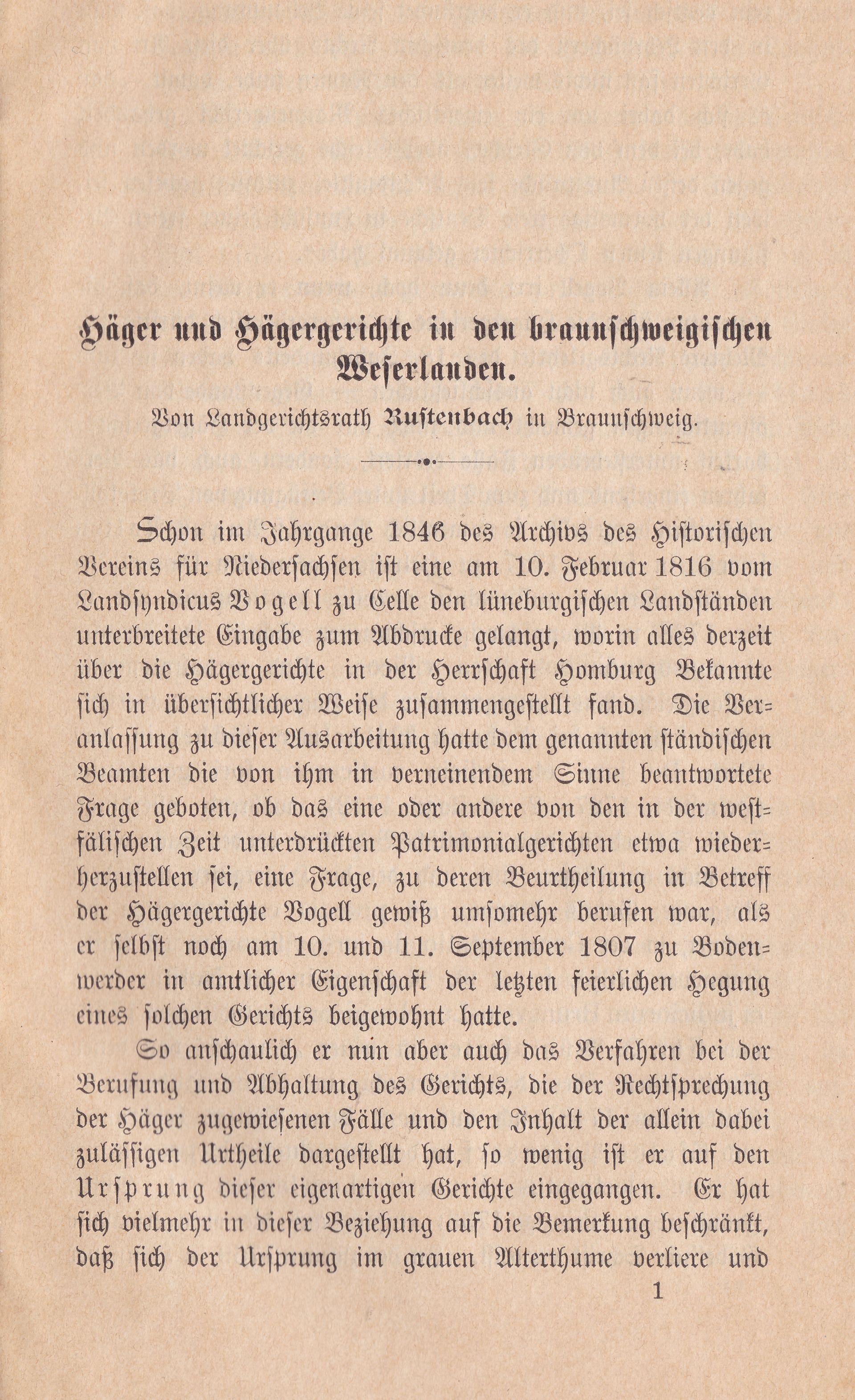 Erste Seite des Artikels „Häger und Hägergerichte in den braunschweigischen Weserlanden“ von 1903